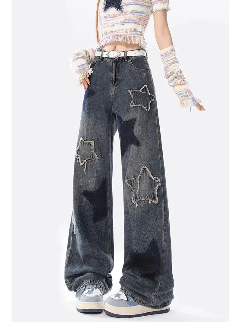 American Retro Trendy Wide-leg Five-point Star Raw Edge Jeans