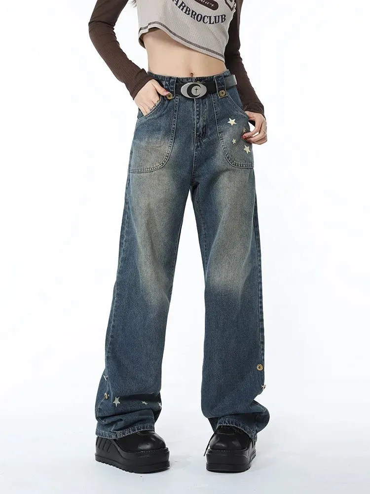 American Retro Trendy Wide-leg Five-point Star Raw Edge Jeans