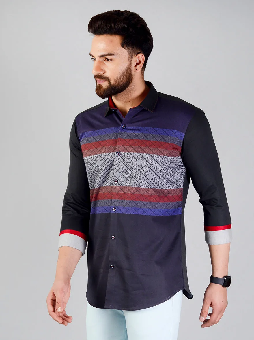 Black & Navy Blue Striped Slim Fit Party Wear Shirt | JB Studio