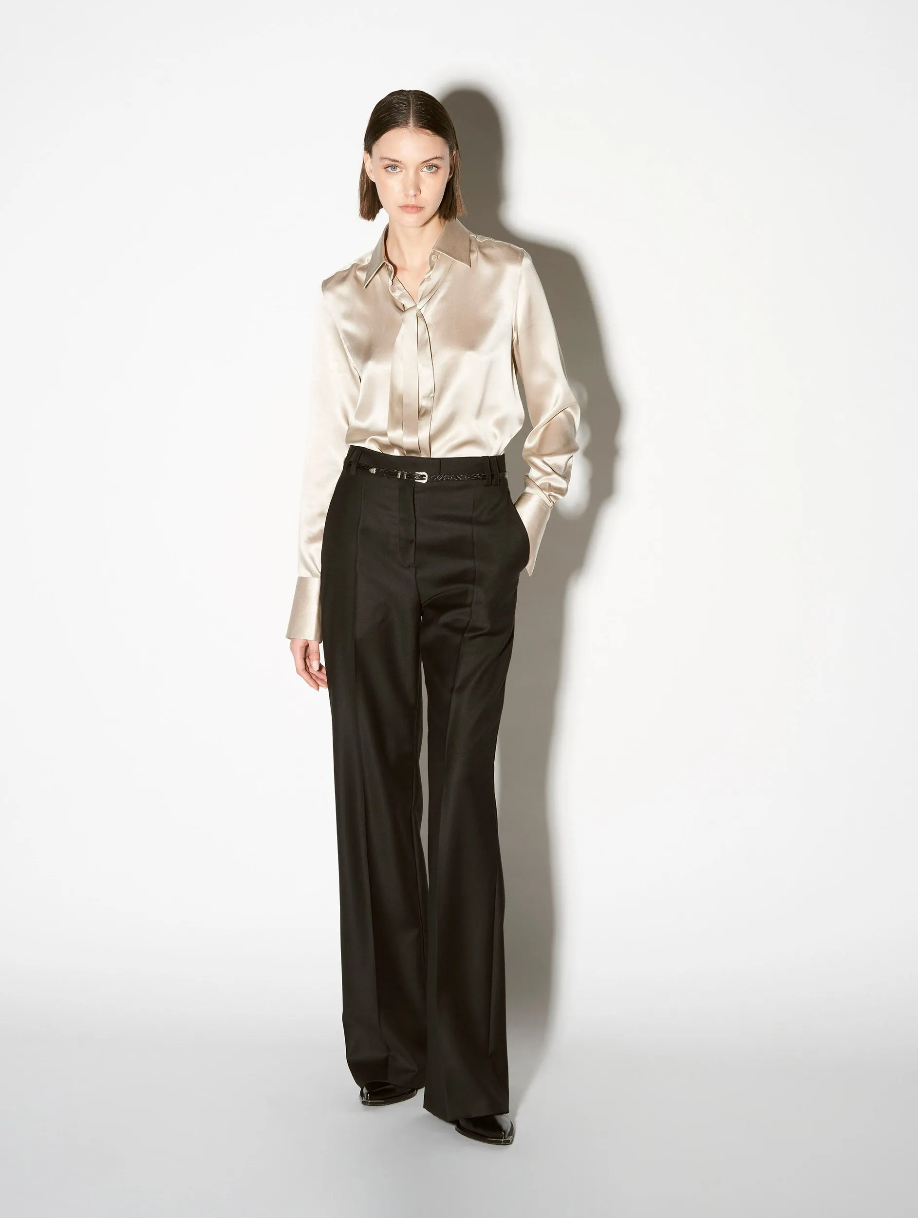 Black cashmere wool wide-leg suit trousers