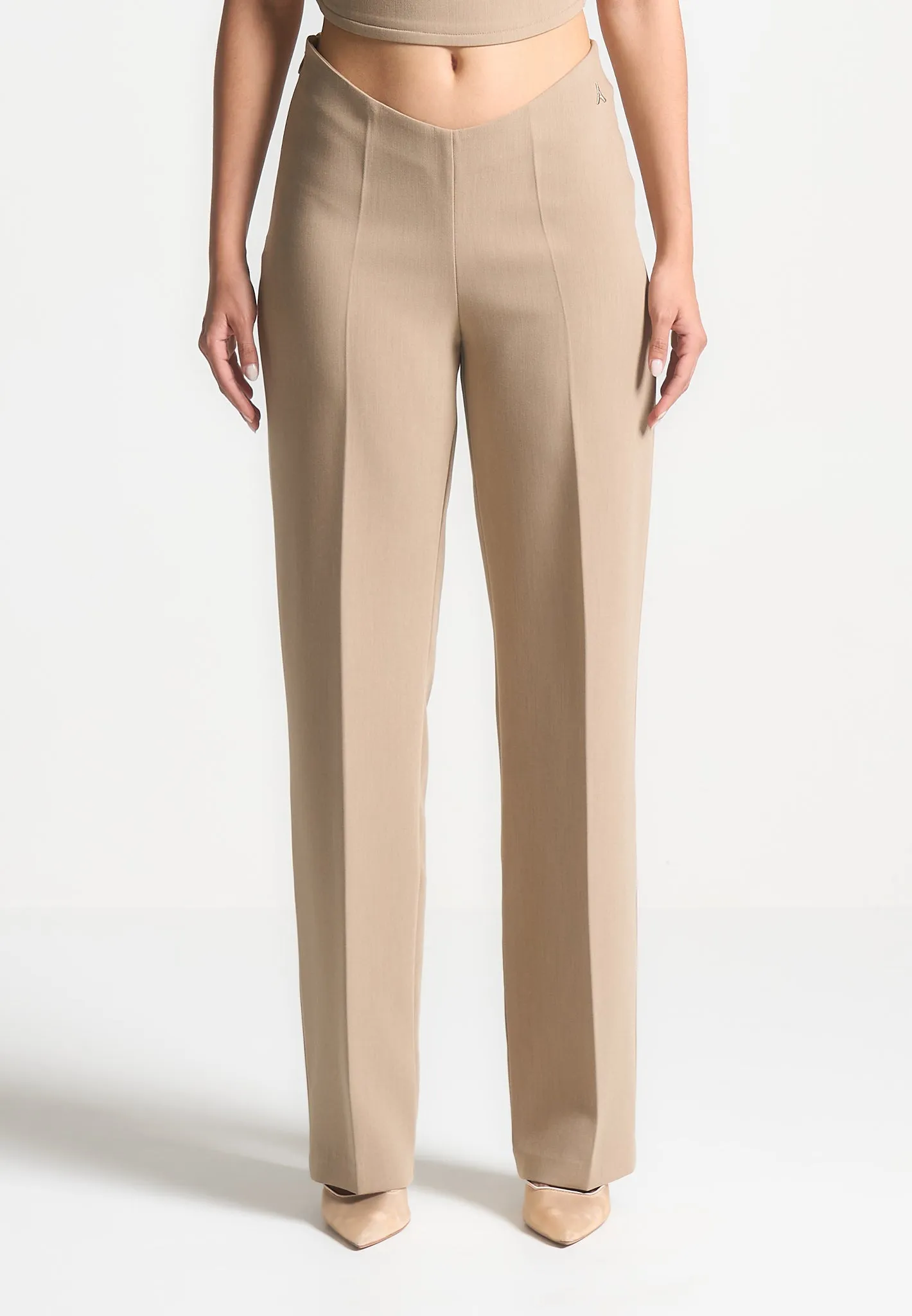 Curved Waist Tailored Trousers - Dark Beige