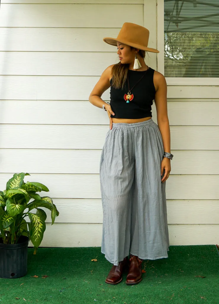 Gray Raw Organic Cotton Gauze Wide Legs Palazzo Pants