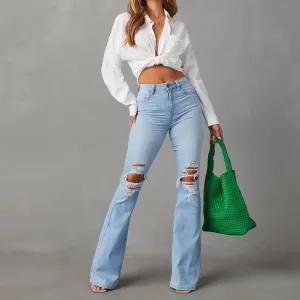 LVSANW 2024 New European and American High Waist Ripped Jeans Women's Street Hottie Bell Bottoms Trousers Streetwear Women