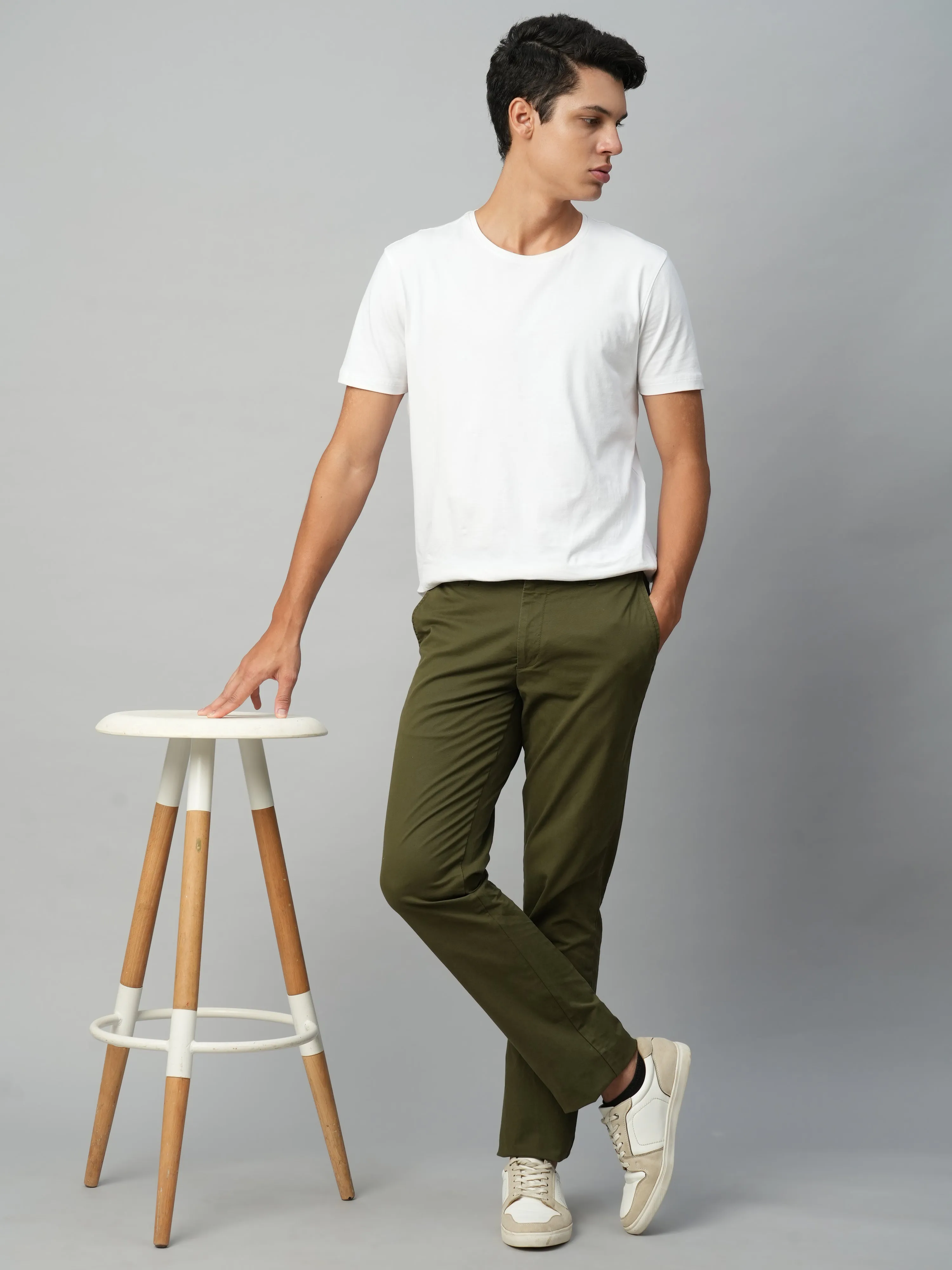 Men's Olive Cotton Lycra Regular Fit Pant