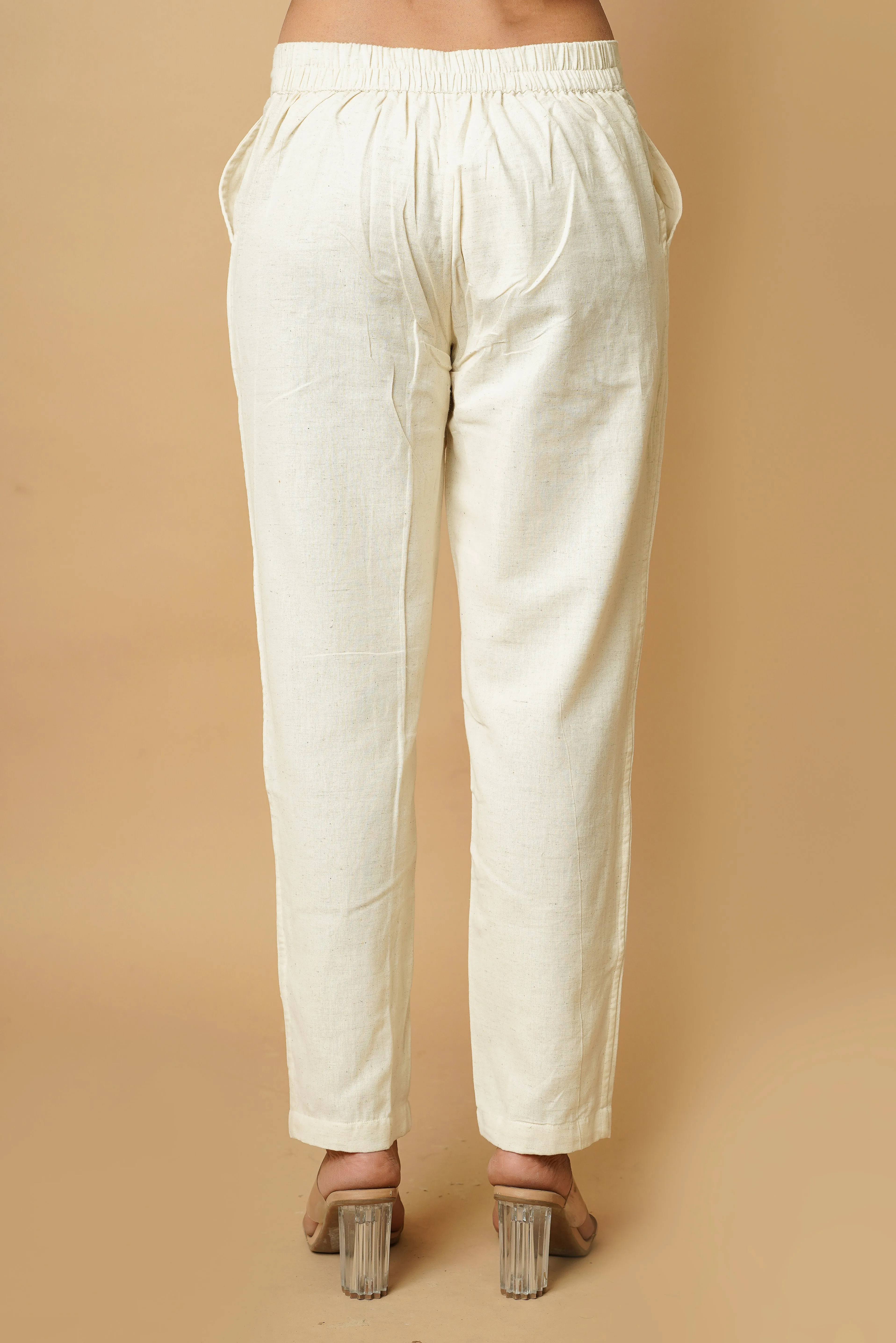 Off White Cotton Crafted Women's Trousers