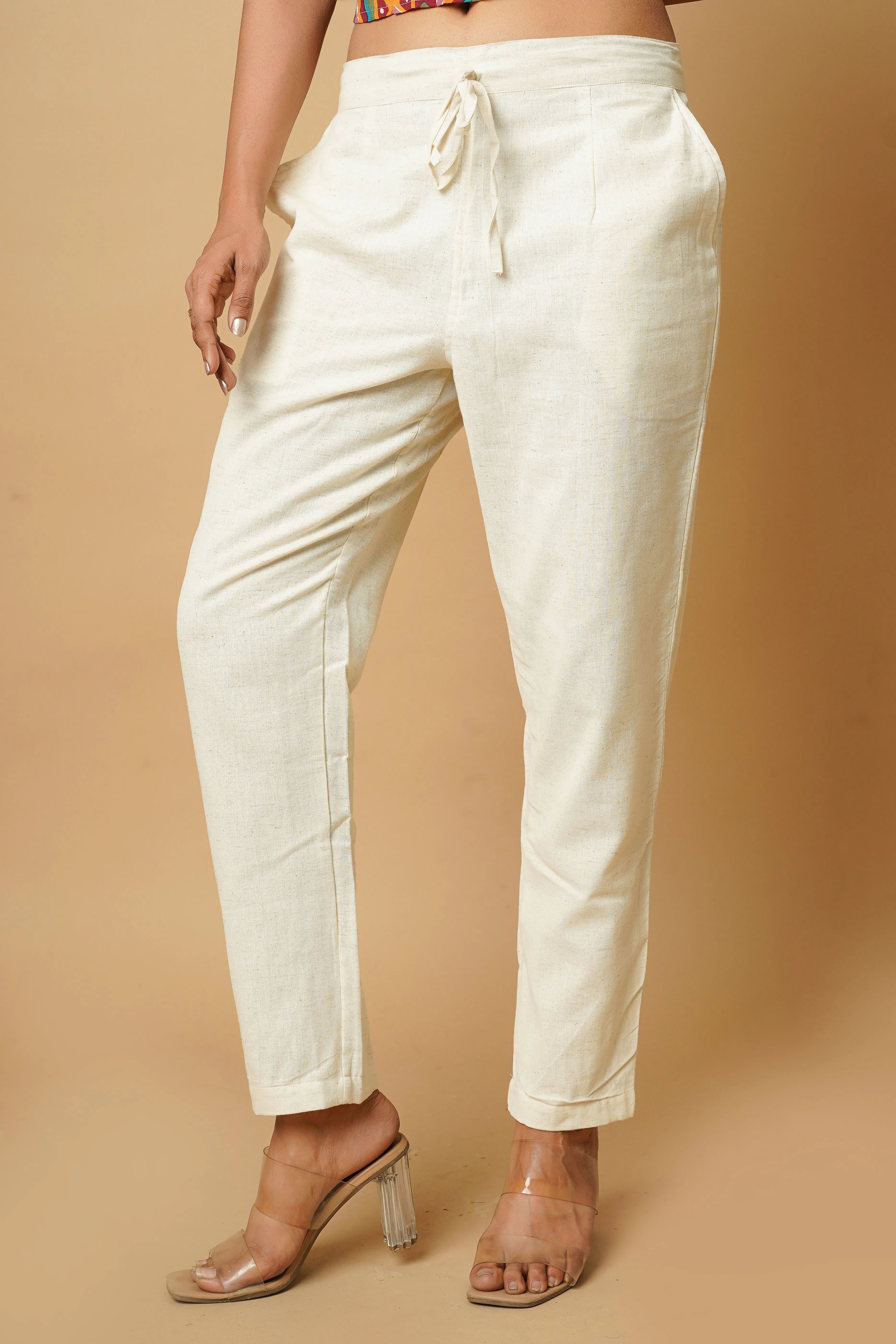 Off White Cotton Crafted Women's Trousers