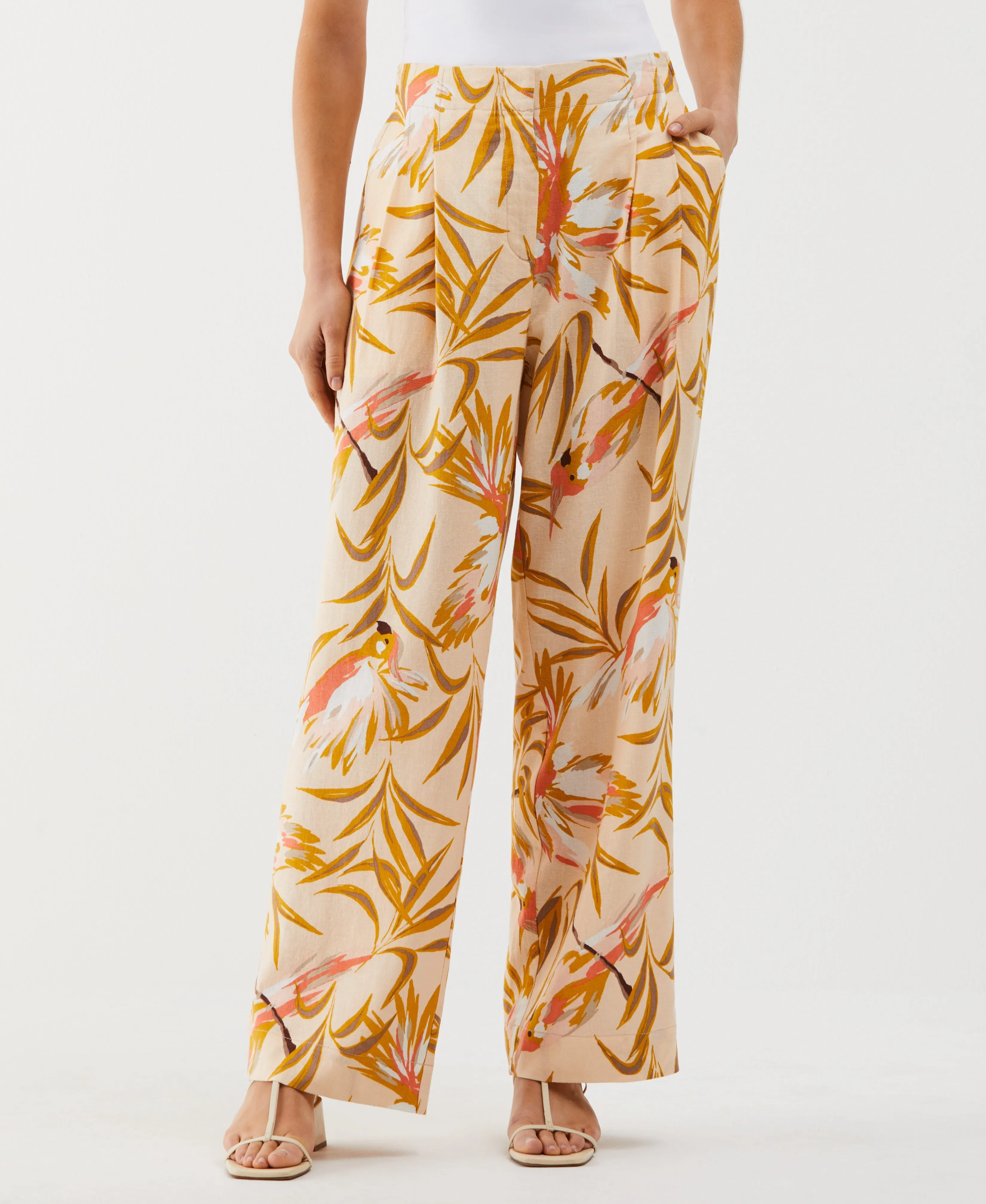 Paradise Print Linen Blend Pleated Wide Leg Pant