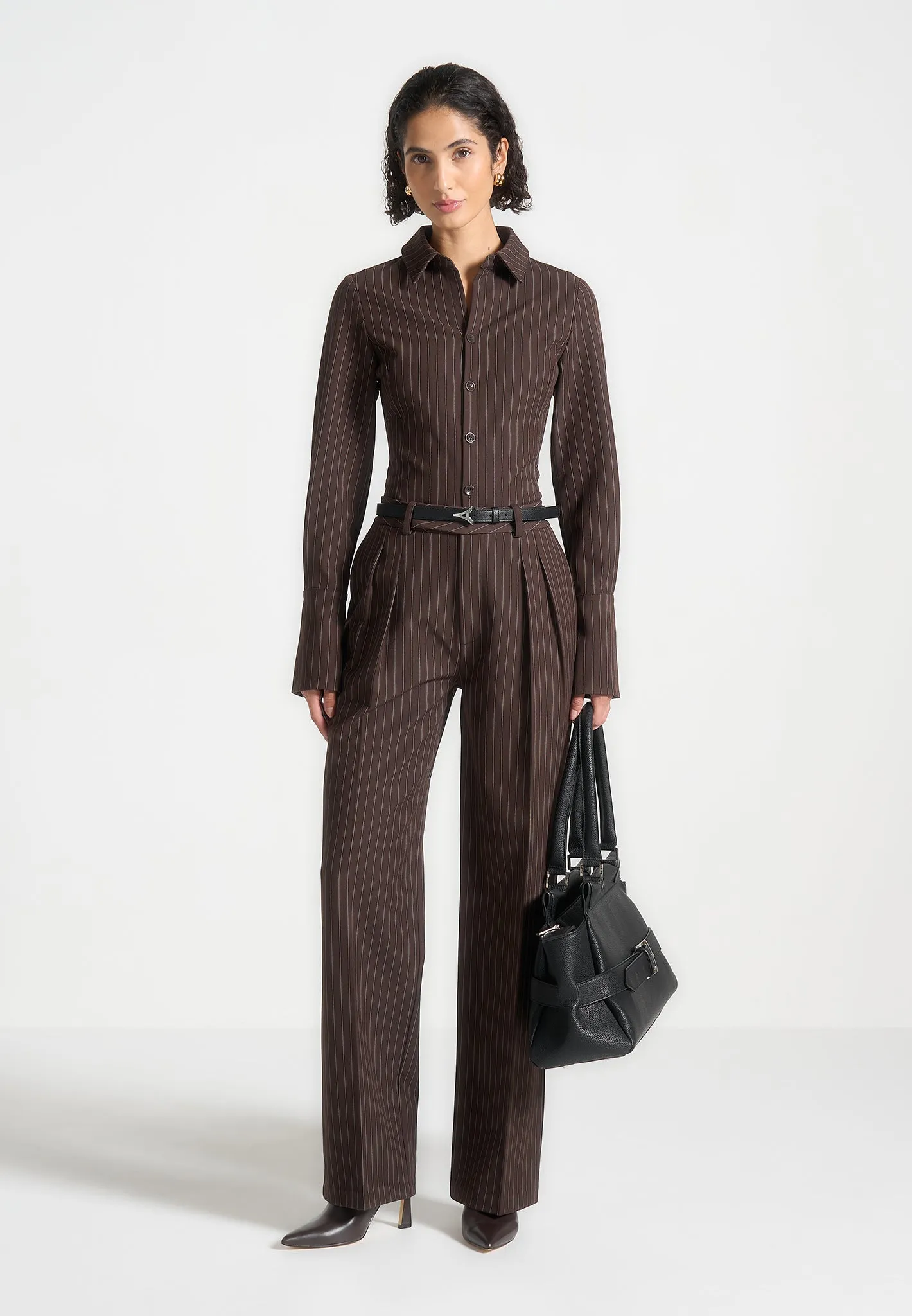 Pinstripe Twin Pleat Tailored Trousers - Brown