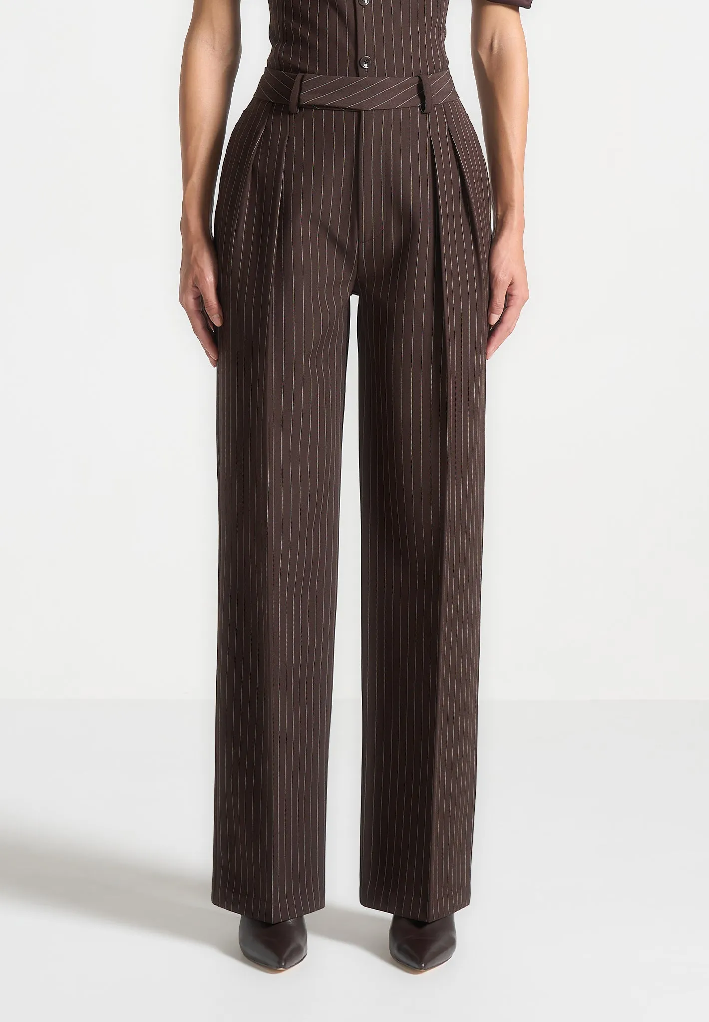 Pinstripe Twin Pleat Tailored Trousers - Brown