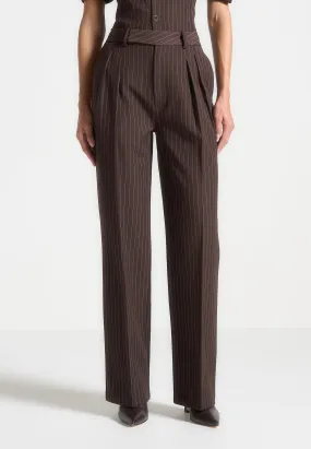 Pinstripe Twin Pleat Tailored Trousers - Brown