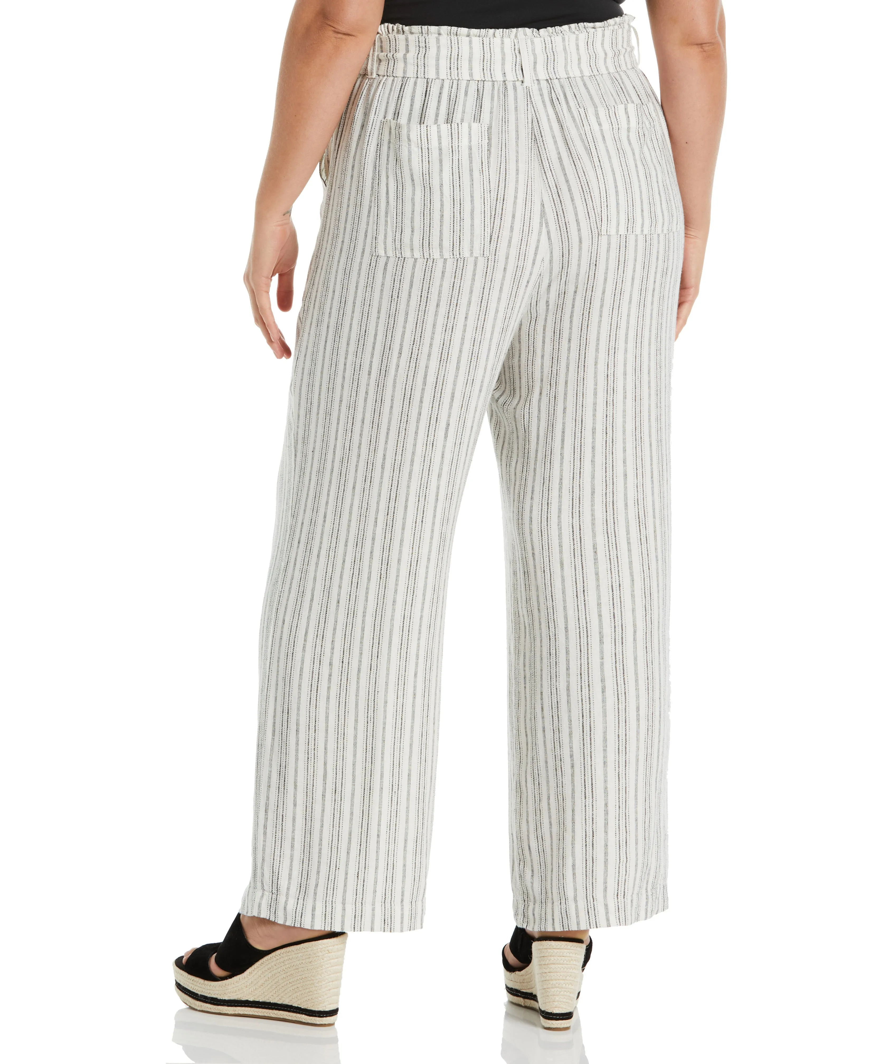 Plus Size Stripe Wide Leg Linen Blend Paper Bag Pant