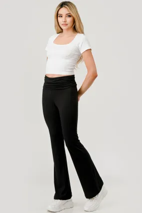 Soft Fleece Lined Fold Over Ruched Waist Flare Pants - Black