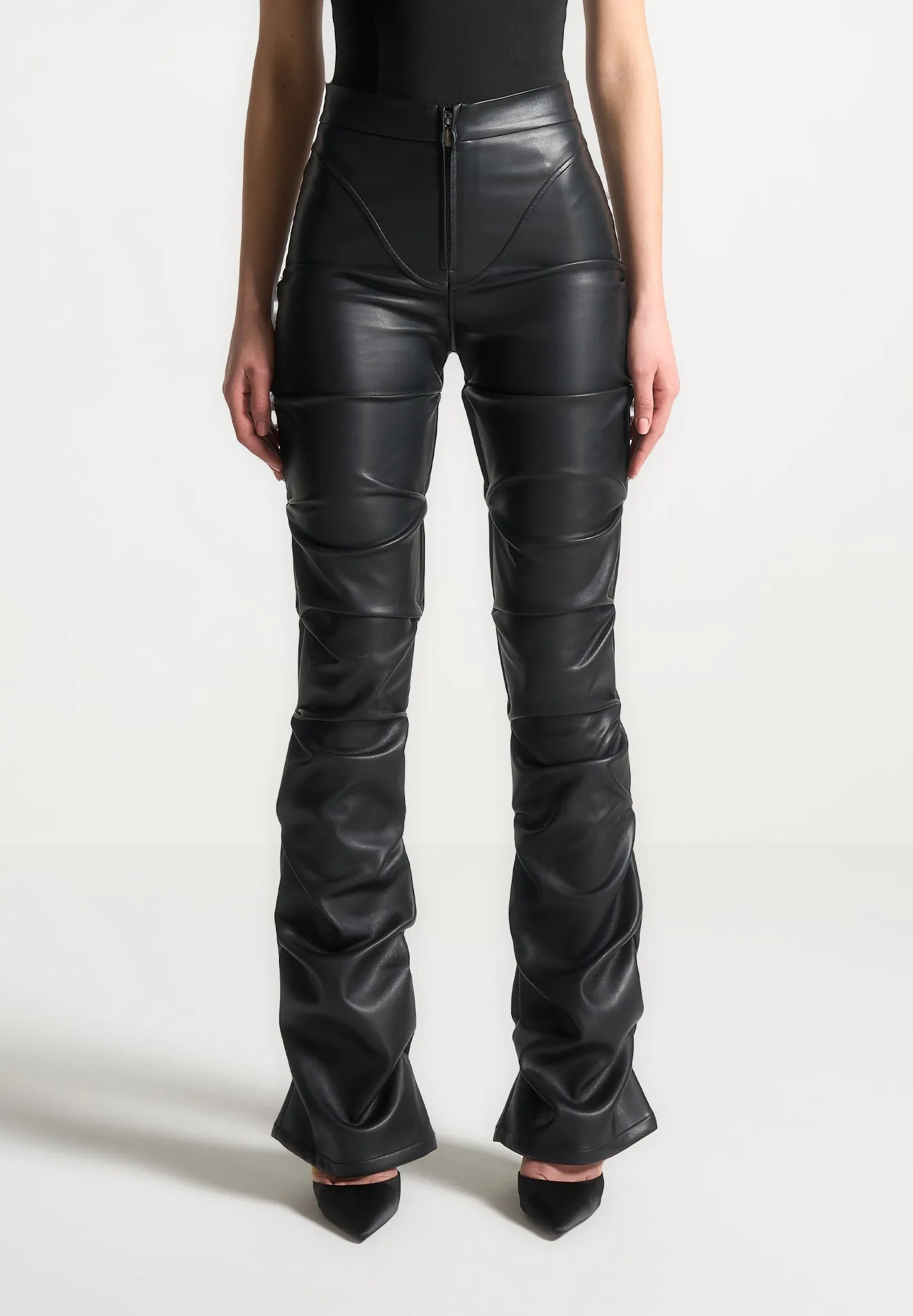 Tacked Leather Flared Trousers - Black