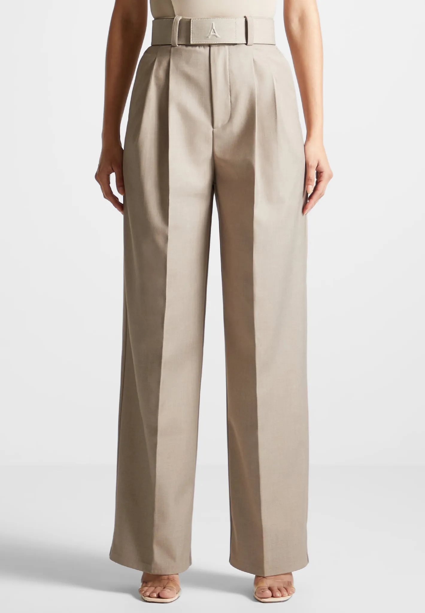 Tailored Pleated Trousers with Eiffel Belt - Taupe