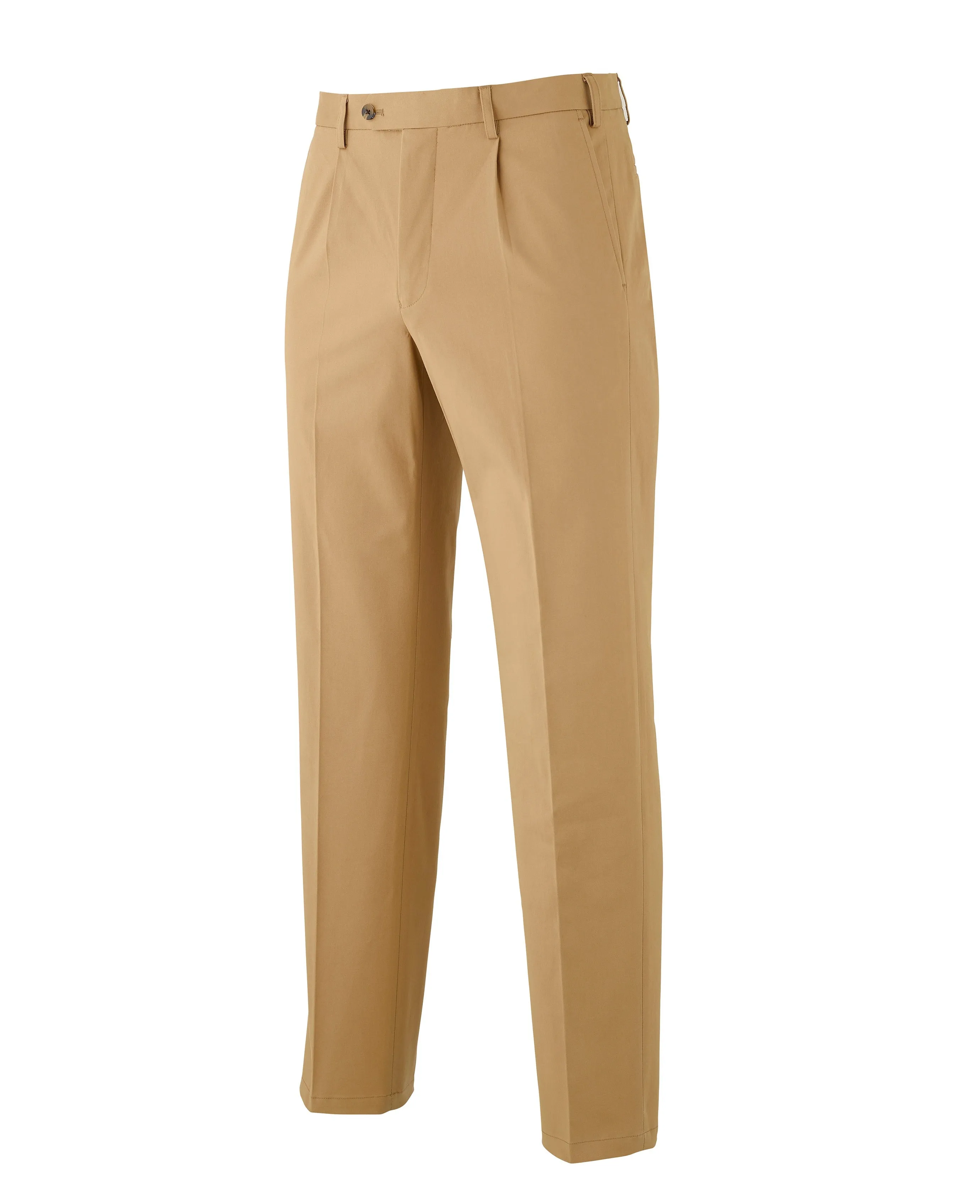 Tan Stretch Cotton Classic Fit Pleated Chinos